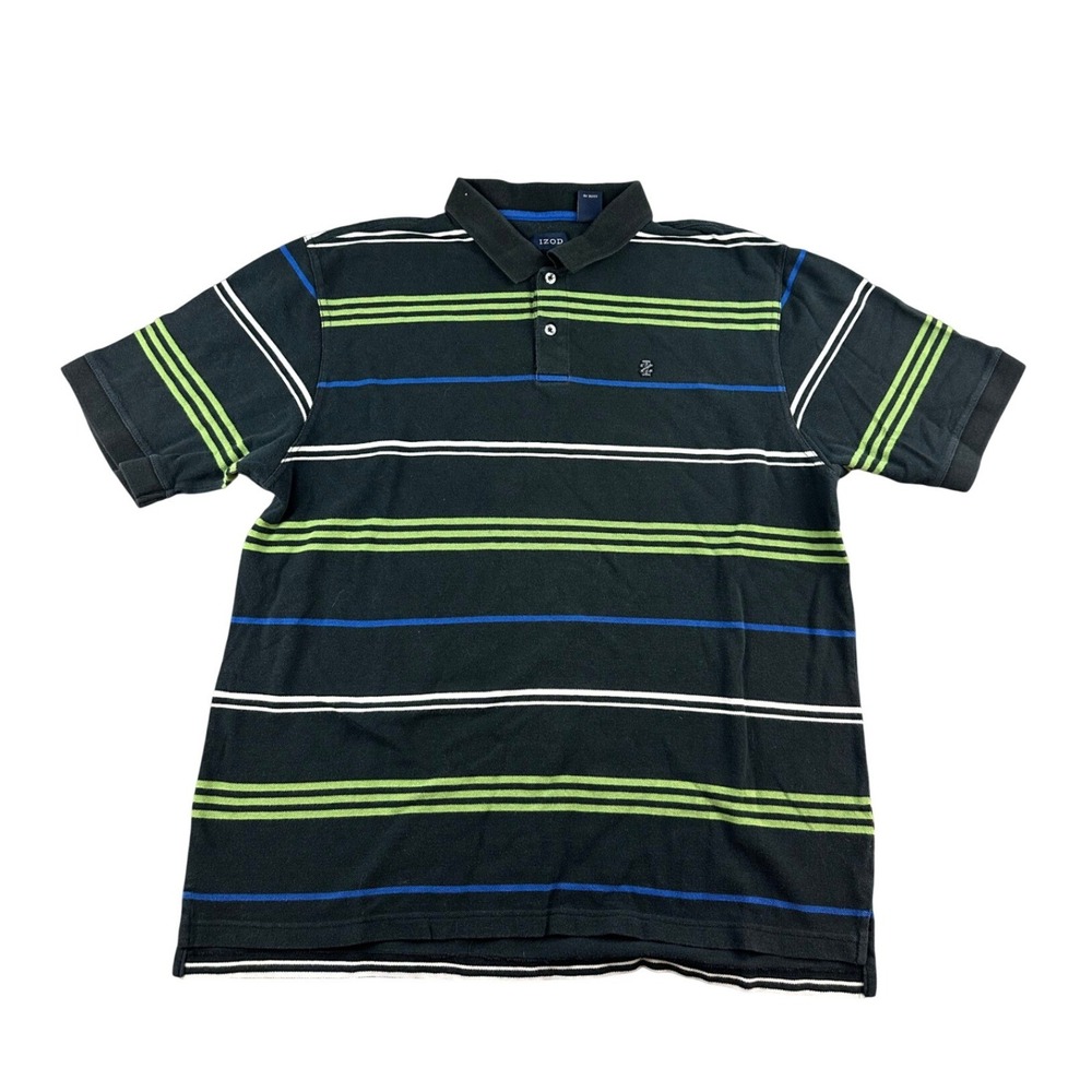 IZOD Polo Shirt Mens XL Black Striped Logo Cotton Short Sleeve Button Front